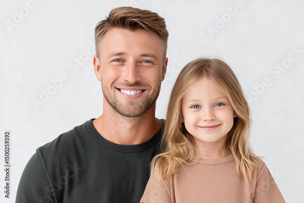 Fototapeta A heartwarming portrait of a father and daughter, sharing a tender moment together. The man is smiling at the camera and the little girl beside him also looks happy