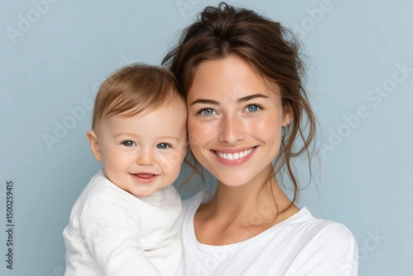 Fototapeta A mother lovingly cradles her smiling baby. The image radiates warmth, affection, and the special bond between parent and child