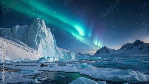 Fototapeta Arctic Landscape with Majestic Icebergs and Vibrant Aurora Borealis Display Under Starry Night Sky