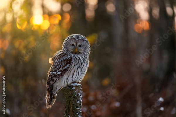 Obraz Owl at sunrise. Ural owl, Strix uralensis, perched on forest fence with orange sunrays on background. Beautiful grey owl observing surroundings. Bird of prey in natural habitat. Winter in wild nature.