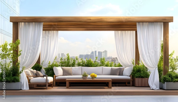 Obraz Elegant outdoor lounge area featuring a wooden pergola, white curtains, and comfortable seating. A luxurious outdoor lounge area, complete with a wooden pergola, comfortable seating