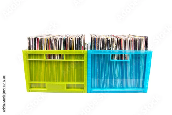 Obraz Vinyl  records in two plastic boxes. Isolated