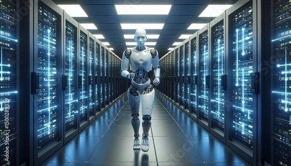 Fototapeta A humanoid robot walks through a futuristic data center filled with rows of illuminated server racks.
