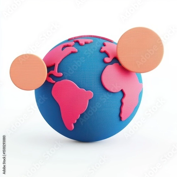 Fototapeta A stylized globe with pink continents and two orange circles, representing abstract planets or satellites on a white background.