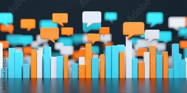 Fototapeta Colorful speech bubbles and bar charts symbolize communication, data analysis, and social interaction in a digital landscape.