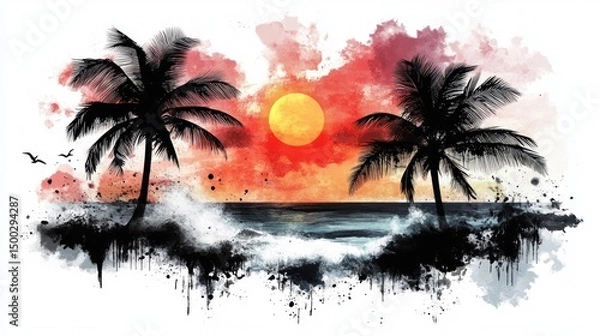 Fototapeta Watercolor sunset beach scene with palm trees and ocean waves (1)