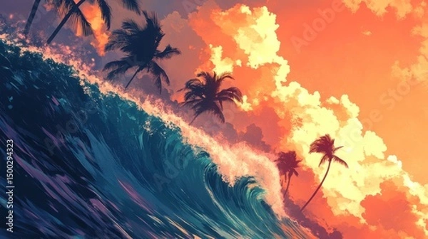 Fototapeta Vibrant sunset over a crashing ocean wave, palm trees silhouetted against fiery sky