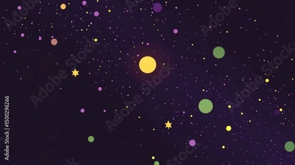 Fototapeta yellow and purple dots on black background and small green star shaped circle