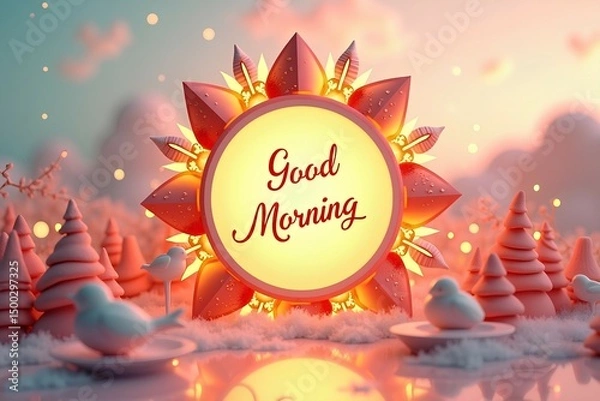 Obraz Elegant digital greeting card with sun-frame and metallic texture, featuring sunrise symbols and a 3D “GooD MorninG” in soft pastels—ideal for fresh, uplifting designs.