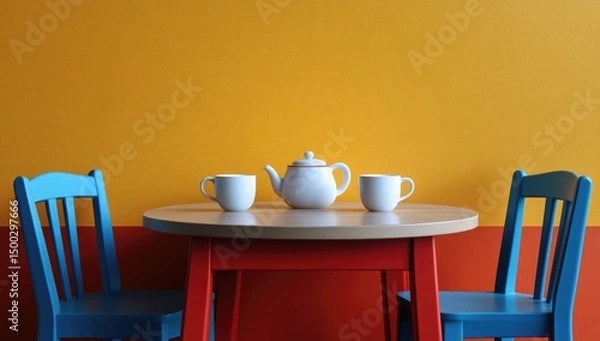 Fototapeta Colorful children's table setting with a white teapot and cups on a red table