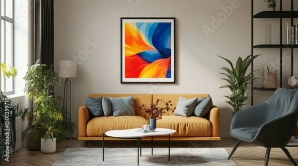 Fototapeta Modern living room with poster frame mockup in ISO A paper size on wall. Minimal 3D interior scene with sofa, decor, and neutral tones