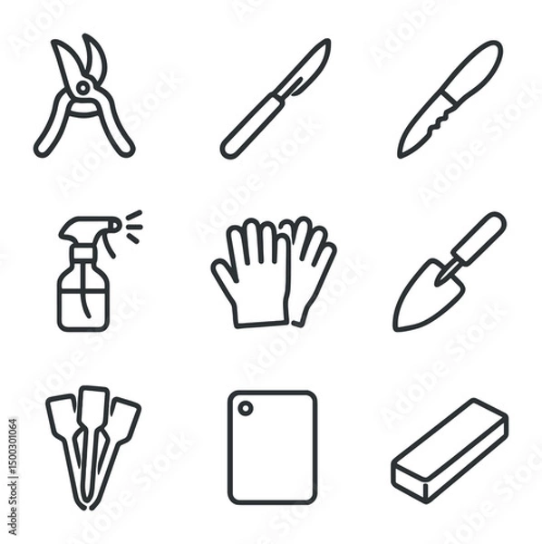 Fototapeta Gardening Tool Icons. Outline icon set of cutting tools: pruning shears, scalpel, rooting knife, sterilizing spray bottle, gloves,