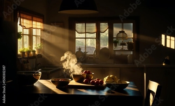 Obraz A cozy kitchen bathed in warm sunlight where culinary dreams unfold and flavors dance on the air 