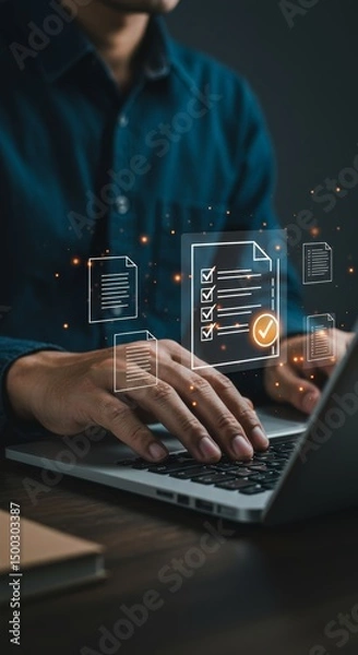 Fototapeta Digital document management with semitransparent checklist icons on laptop screen
