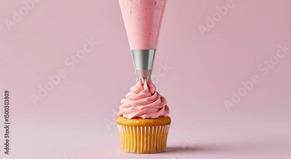 Fototapeta Icing piping bag and cupcake, isolated on pastel background