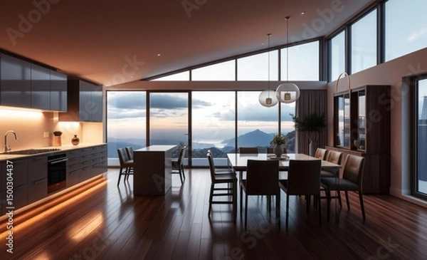 Obraz A sleek modern kitchen bathed in the soft glow of accent lighting opens to a spacious dining area where a hardwood floor stretches towards a table adorned with granite countertops Large panoramic wind