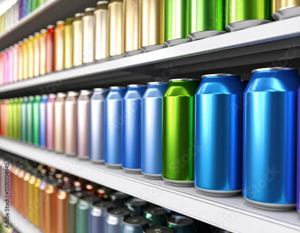 Fototapeta Colorful beverage cans are neatly arranged in long rows on bright supermarket shelves, reflecting the store lights and showcasing a variety of drink options for customers.