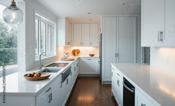 Fototapeta A minimalist haven where crisp white cabinets and sleek countertops create an airy and inviting space 