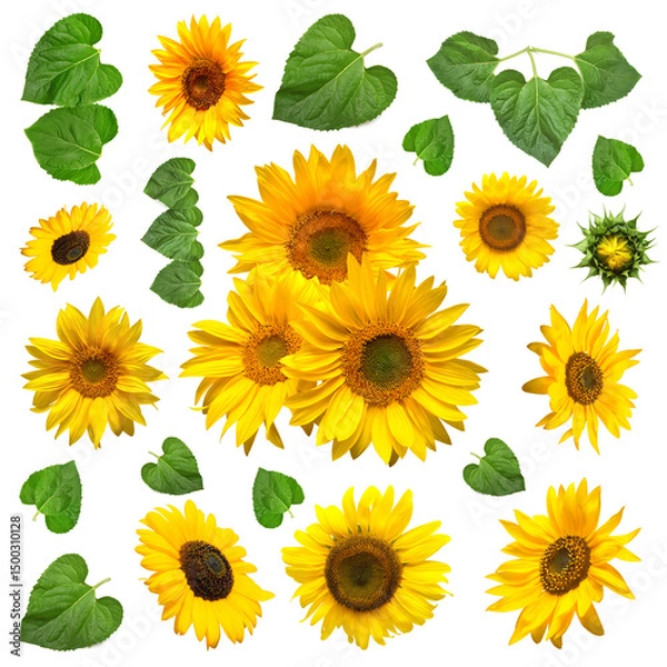 Fototapeta Sunflower with leaves falling isolated on white background. Flat lay, top view