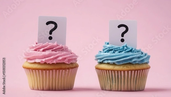 Fototapeta Two cupcakes, pink and blue, topped with frosting, each holding a question mark