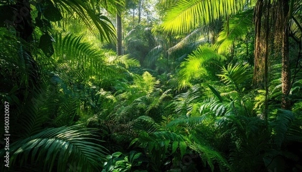 Obraz Lush, vibrant jungle scene. Sunlight filters through dense foliage