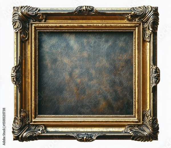 Fototapeta ornate antique gold picture frame with intricate baroque-style carvings surrounding an empty textured dark canvas inside