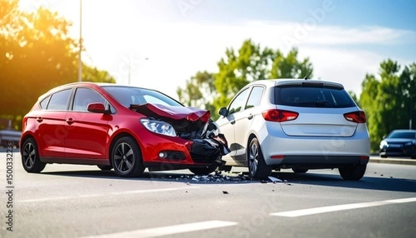 Fototapeta Car Crash Scene: Two Damaged Vehicles After a Collision