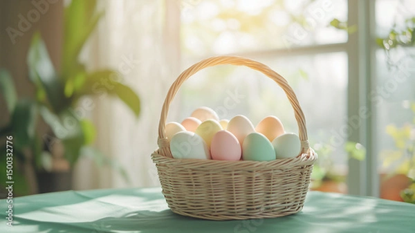 Fototapeta Cozy Indoor Setting with a Wicker Basket Filled with Pastel Easter Eggs on a Green Tablecloth Near a Window (4)