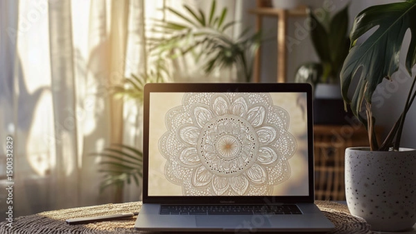 Fototapeta Cozy Indoor Setting with Sunlight Streaming Over a Mandala Vector Design on a Laptop Screen and Plants (5)
