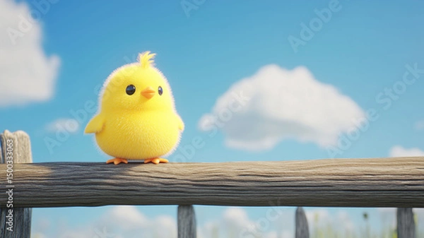 Fototapeta Cute 3D Yellow Chick Sitting on Wooden Fence with Bright Blue Sky in the Background (4)