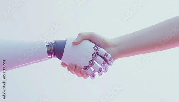 Fototapeta A white robot hand shakes hands with a human hand.  A digital rendering of a futuristic handshake against a soft pastel background.  The robot and human hands are light pastel white/pink