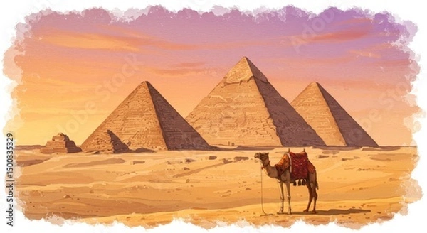 Fototapeta Photo Of Egyptian Pyramids And Camel During Sunset In The Desert
