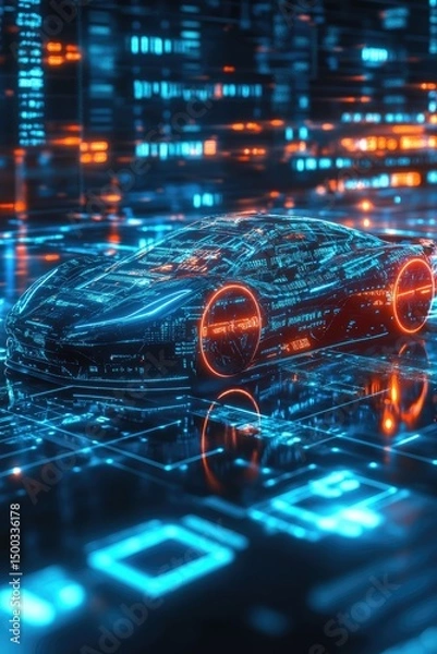 Fototapeta Futuristic car design overlaid with digital code