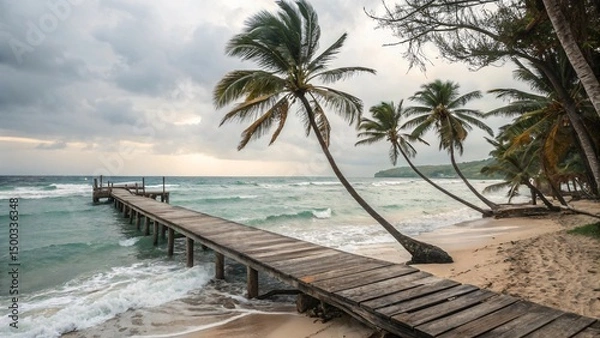 Fototapeta Wooden pier extending into the turquoise ocean with palm trees lining the sandy beach under a dramatic cloudy sky creating a tranquil scene