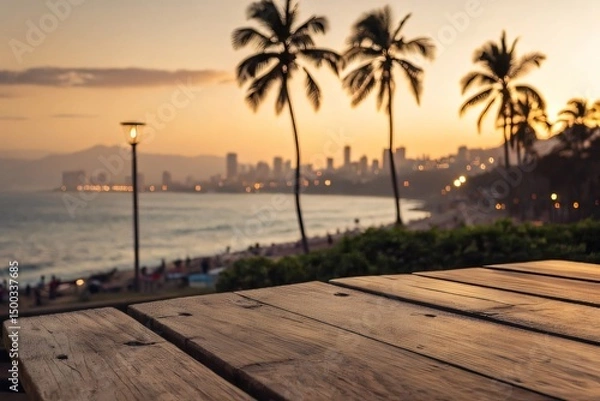Fototapeta Beautiful beach scenery with palm trees and city lights during sunset viewed from a wooden table