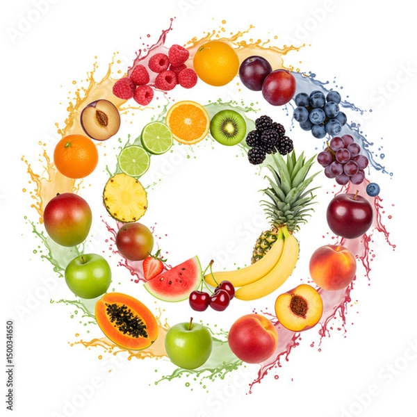 Fototapeta Vibrant Multi-Fruit Splash Circular  on Transparent Background