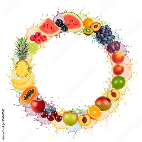Fototapeta Vibrant Multi-Fruit Splash Circular – Dynamic Array of Fresh Fruits on Transparent Background