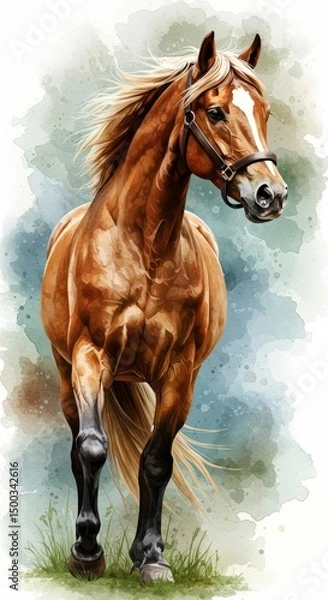 Obraz Watercolor Portrait of a Brown Horse Running on Green Field Background