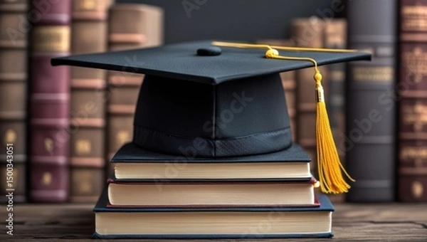 Fototapeta A black graduation cap rests proudly on a stack of books, symbolizing achievement and academic success.
