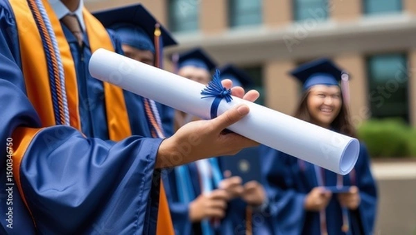 Fototapeta A rolled diploma is held proudly by a student wearing a graduation gown, marking a moment of accomplishment and celebration.
