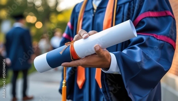 Fototapeta A rolled diploma is held proudly by a student wearing a graduation gown, marking a moment of accomplishment and celebration.
