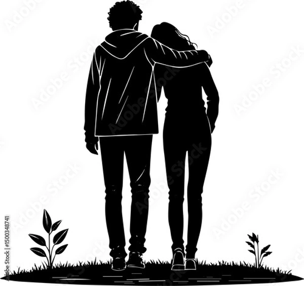 Obraz Silhouette of Couple Standing Together, Romantic Back View Vector of Man and Woman in Nature