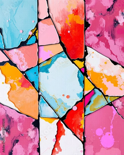 Obraz Abstract mosaic of vibrant colors with paint drips and geometric shapes on dark ground.