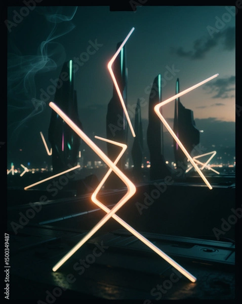 Obraz Futuristic cityscape with glowing abstract neon structures against a twilight sky.