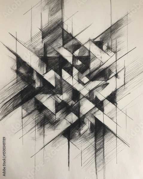 Obraz Abstract geometrical drawing of intersecting lines and shapes in black and white.