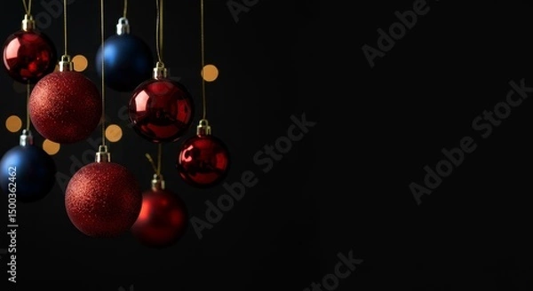 Obraz Christmas Ornaments Hanging Against Dark Background with Red and Blue Baubles Photo
