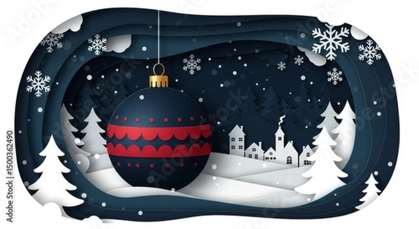 Obraz Christmas Paper Cut Illustration Of Ornament And Snowy Winter Night Scene