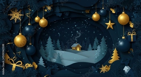 Obraz Christmas Paper Cut Winter Landscape Illustration With Snowflakes in Blue and Gold