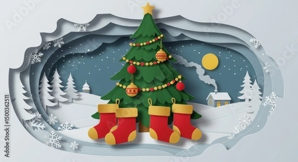 Obraz Christmas Paper Cut Illustration With Festive Tree Snow Landscape Scene