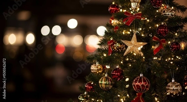 Obraz Christmas Tree Photo with Ornaments and Lights on a Dark Background